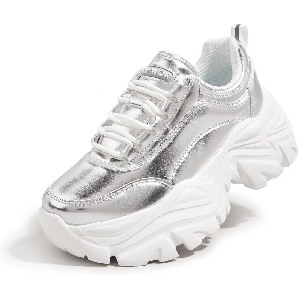 Women Leather Silver  Comfortable Wedge Walking Sport Sneakers Shoes